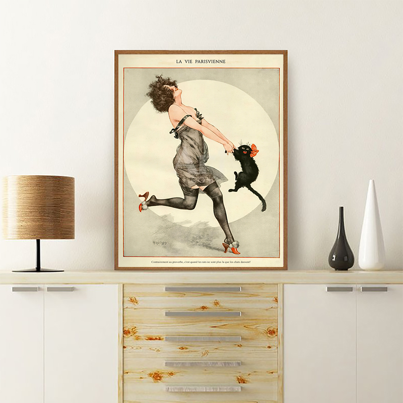 Vintage Fashion Magazine Covers - Woman and Black Cat Dancing Vintage