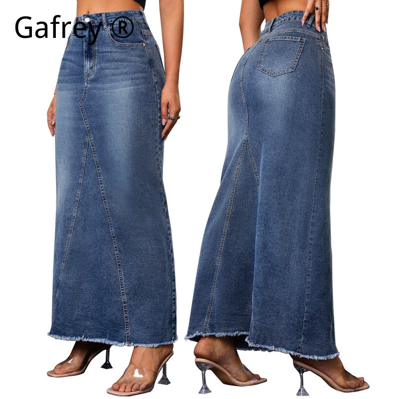 Women Denim Midi Skirt High Wa - Vintage Fashion Streetwear 评论和价格