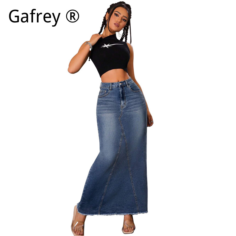 Women Denim Midi Skirt High Wa - Vintage Fashion Streetwear 评论和价格